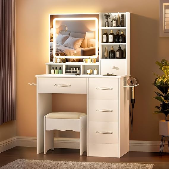 Professional Dressing Table With Mirror and Stool, Muti-Drawer | Vanity Table 6 Open Storage Areas + 4 Drawers, with 180 LEDS Light 3 Color Light & Adjustable Brightness, Hairdryer Holder