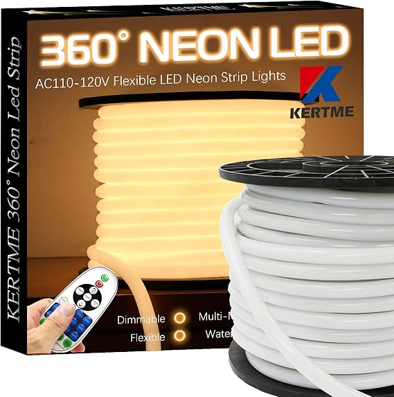 360 Neon Led Type AC 110-120V 360 Degree NEON LED Light Strip, Flexible/Waterproof/Dimmable/Multi-Modes LED Rope Light + Remote for Home/Garden/Building Decor (65.6ft/20m, Warm White 3500K)