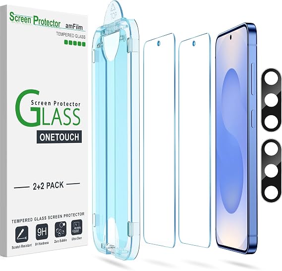 amFilm OneTouch for Samsung Galaxy S25 Screen Protector 6.2" Tempered Glass | Auto-Alignment 30s Install with Camera Lens Protector, Bubble Free, Case Friendly, Anti-Scratch [2+2 Pack] (S25-6.2'')