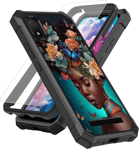 for Cloud Stratus C8 Case for Cloud Mobile Stratus C8 Phone Case With Screen Protector (Tempered Glass),Slim TPU Rugged Corners Bumper Cover Case for Men Women- Butterflies African Black Girl