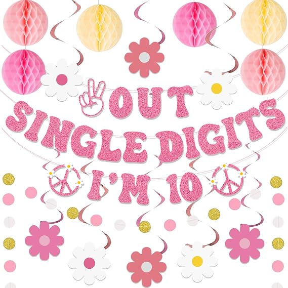 Roetyce Flower 10th Birthday Decorations, Pink Out Single Digits I'm 10 | Floral Theme 10th Birthday Party Supplies for Girls, Pink 10 Years Old Banner Honeycomb Balls Hanging Swirls Photo Background