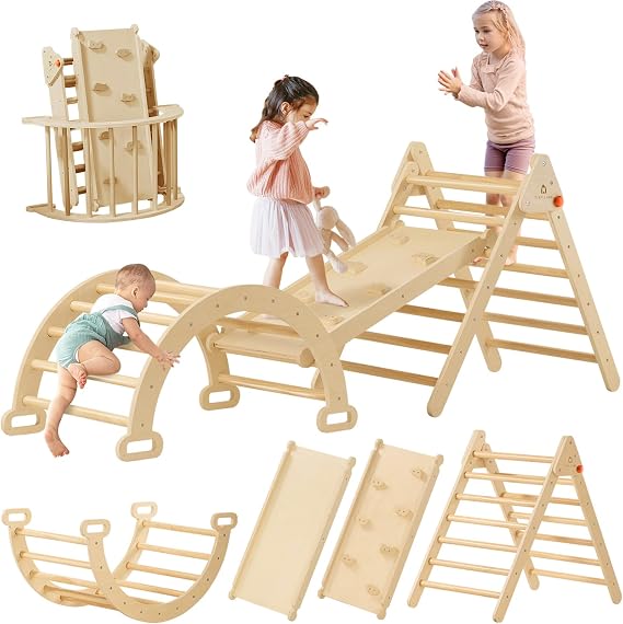 Tiny Land Pikler Triangle Set, 7-in-1 Foldable Climbing Toys Set for Kids