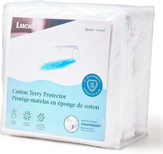 LUCID Premium Waterproof Mattress Protector, Twin Size Fitted Sheet Style, Machine Washable Cotton Terry Top Cover Dorm Room Essential White
