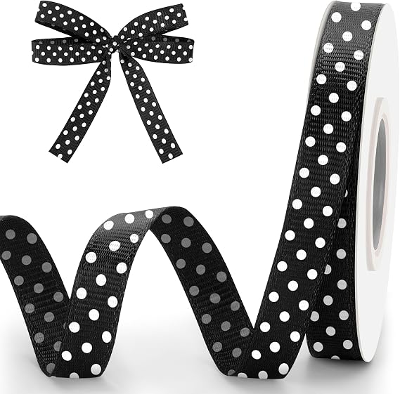 Polka Dot Black Ribbon 3/8 Inch 10 Yards Black with White Dots Ribbons for Crafts Grosgrain Ribbon for Gift Wrapping Flower Bouquet DIY Sewing Hair Bows Christmas Halloween Birthday Party Decorations
