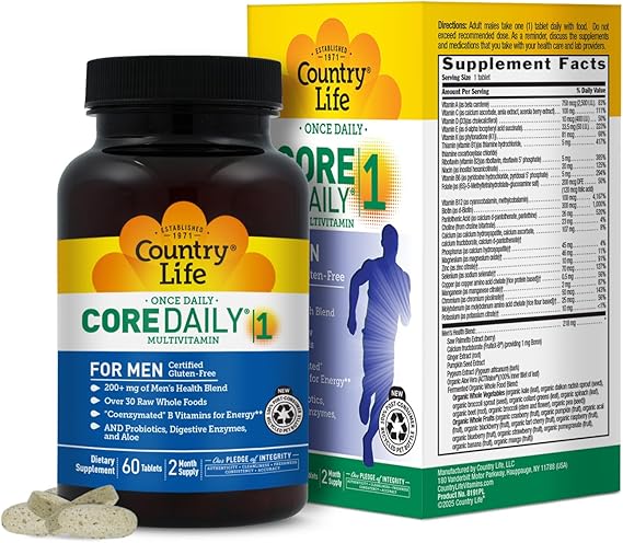 Country Life Core Daily-1 Multivitamin for Men with Probiotics, 60 Tablets | Supports energy metabolism, immune function and digestive wellness with whole foods and coenzymated nutrients