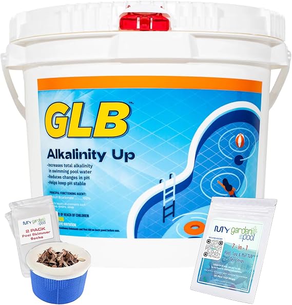 GLB Alkalinity Up (bag) 25 LB 71203A Maintains Proper Alkalinity & Prevents pH Fluctuations Ideal for Balanced Pool Water Bundle with My Garden Pool 7-in-1 Test Strips(20 ct) & 2 Skimmer Socks