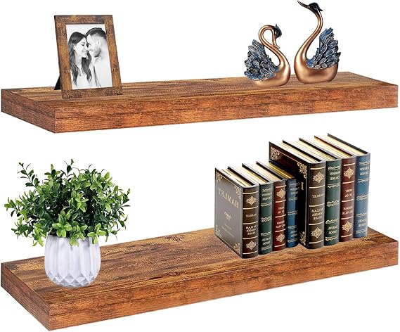 Long 36 Inch Floating Shelves - Rustic Floating Shelves for Wall with 1/5" Thicker Steel Brackets | Heavy Duty Farmhouse Wall Shelves | Solid wood Core | Rustic Wood Shelves for Bedroom Decor Set of 2