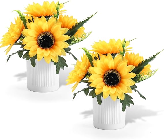 Coferset 2pcs Sunflower Artificial Flowers Plant with Pot,Yellow