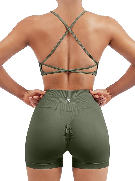 SUUKSESS Women Seamless Workout Sets Strappy Sports Bra High Waist Booty Shorts Outfits