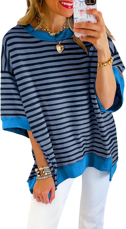 SHEWIN Womens Oversized Tops Crewneck Striped Sweatshirt Pullover Shirt