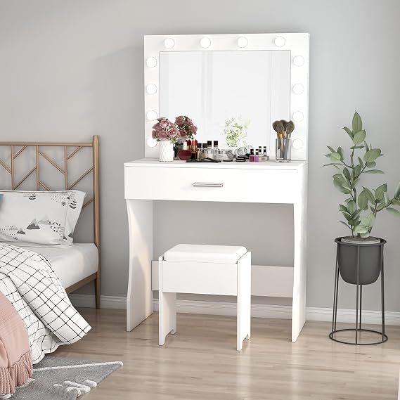Vabches Makeup Vanity with Lights, Vanity Desk Makeup Table, Brightness Adjustable, Large Drawer Sturdy Vanity for Bedroom Studio, White