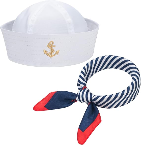 Yacht Captain Hat, 2Pcs Sailor Hat and Scarf Set for Women Men, Sailor Cap Costume Accessories for Dressing up Party