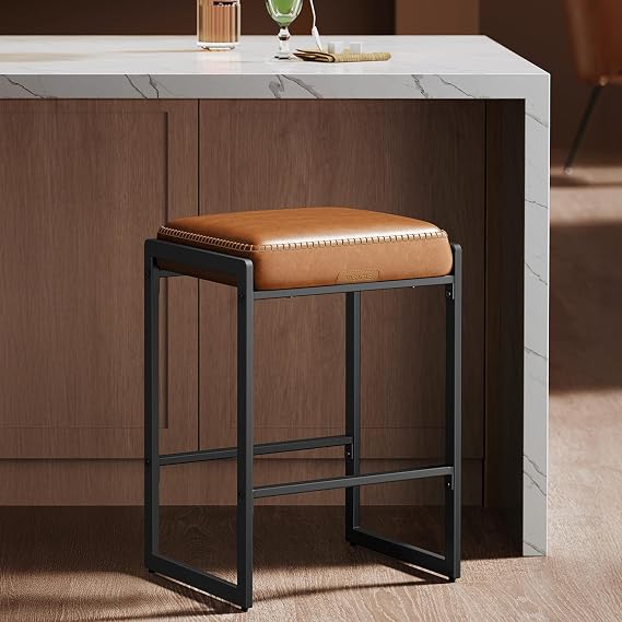 VASAGLE EKHO Collection - Bar Stool, Counter Height Bar Stool, Synthetic Leather with Stitching, Mid-Century Modern, 26-Inch Tall, Kichen Home Bar Dining Room, Caramel Brown ULBC186K01S