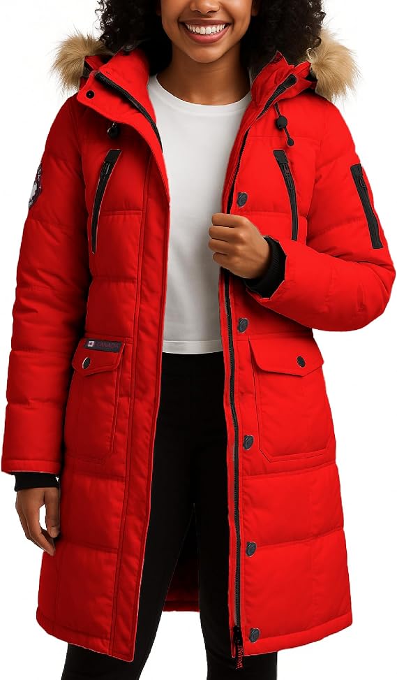 CANADA WEATHER GEAR Womens Long Puffer Coat - Heavyweight Wind Water Resistant Faux Fur Hood Parka Winter Jackets for Women