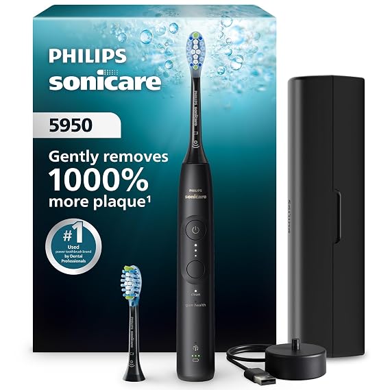 Philips Sonicare 5950 Rechargeable Electric Toothbrush, 2 Brush Head, Black | 1000% More Plaque Removal1, Pressure Sensor, 6 Brush Settings, 21-Day Battery, Includes Travel Case, HX7131/03