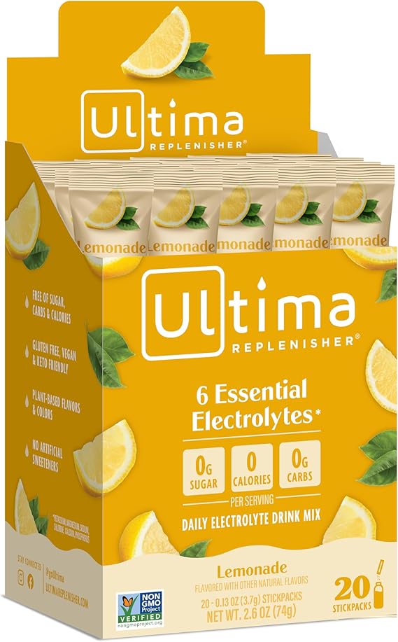 Ultima Replenisher Electrolyte Powder, Sugar‑Free Hydration Mix with Balanced Electrolytes and Essential Minerals to Support Energy, Endurance and Recovery During Workout – Lemonade – 20 Packets