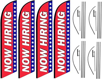 Now Hiring Four Pack of Advertising Feather Banner Swooper Flag Signs with Flag Pole Kits and Ground Stakes for Businesses, Patriotic Theme, 4pack
