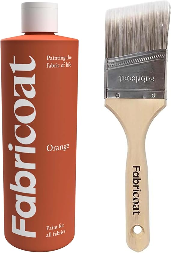 Fabricoat - Fabric Paint for Furniture 500ml (Orange) + Angled Paint Brush | Firm Bristled Brush with Wooden Handle | Restore or Change the Color of Couches, Chairs, Upholstery