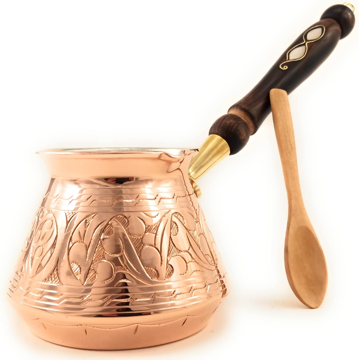 ACI Series Large-18 fl oz - Thickest Solid Engraved Copper Turkish Greek Arabic Coffee Pot with Wooden Handle, Stovetop Coffee Maker, Jazzve, Cezve, Ibrik, Briki, Café Turco