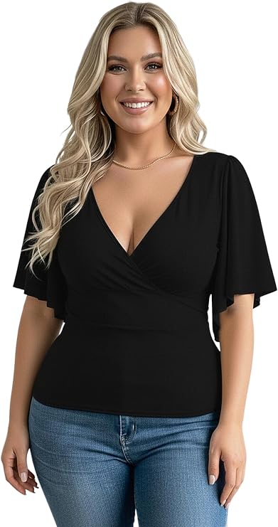 Women's Plus Size Wrap Deep V Neck Summer T Shirts