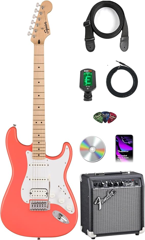 Fender Squier Sonic Stratocaster HSS - Tahitian Coral Bundle with Frontman 10G Amp, Tuner, Strap, Cable, Picks, and Austin Bazaar Guitar DVD