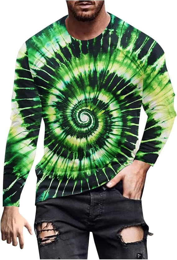 Mens Tie Dye T Shirts Retro Hippie Tie-Dye Shirt Long Sleeve Crew Neck Vintage Tees Fashion Fall Winter Holiday Clothing