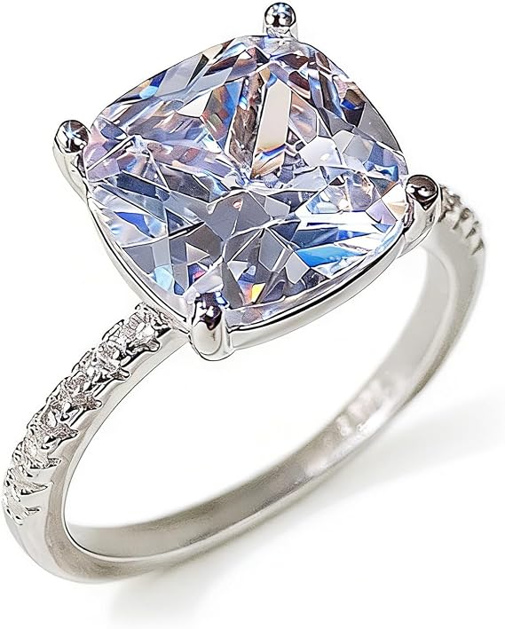 RKKOJJO 925 Sterling Silver Cubic Zirconia Cushion Diamond Ring - Engagement & Wedding Band for Women