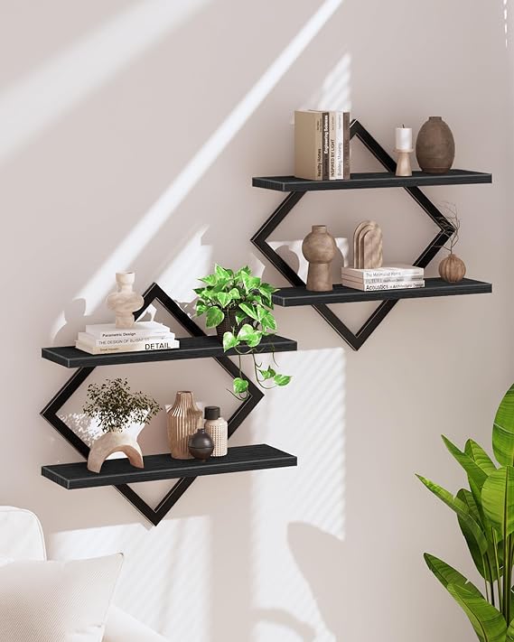 CHOEZON Wall Shelves Set of 2 Floating Shelves 2 Tier Hanging Shelves for Living Room Bedroom Kitchen Office Black DTBJ01P2BB