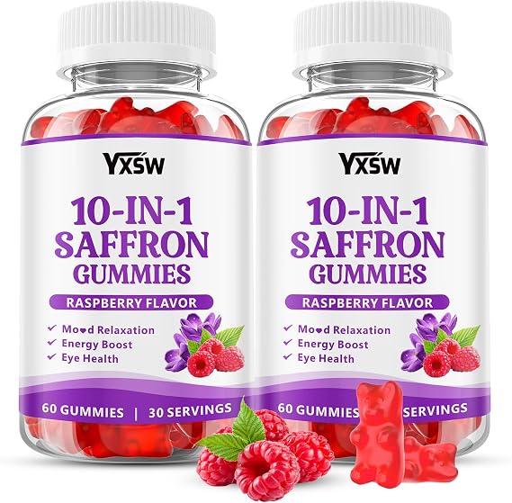 Saffron Gummies, Saffron Supplements for Kids & Adults with Ashwagandha, L-Theanine, Lemon Balm, Vitamin D3, B6, Magnesium & Zinc - Support Focus, Relaxation, Raspberry Flavor, 120 Count