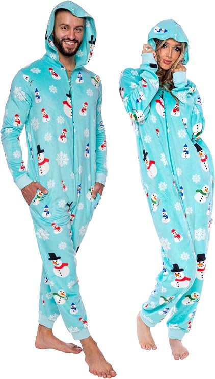 Funziez! Christmas Adult Onesie - Holiday Family Costume - Snowman and Reindeer Unisex Pajama - Couples, Adult, Women and Men
