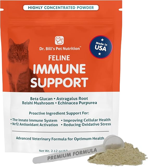 Dr. Bills Feline Immune Support | Boosts Cat Immunity and Health with Colostrum, Beta Glucan, Turkey Tail Mushroom, Zinc & Vitamin C | Powder Supplement for Cats of All Ages