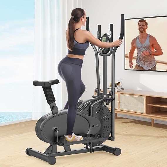 Elliptical Cross Trainer, 2 in 1 Exercise Bike with Adjustable Seat, Upgraded LCD Monitor, Pulse Sensor & Resistance, Max Weight 265LBS