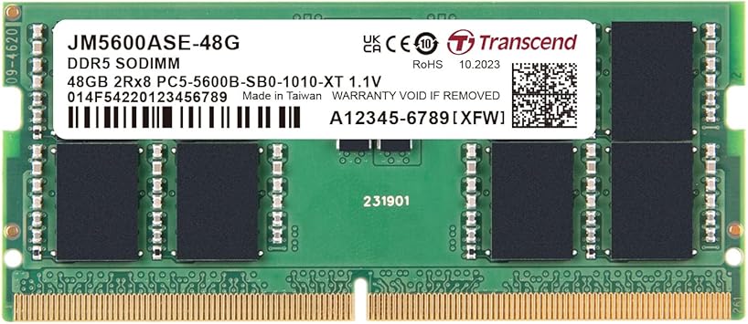 Transcend 48GB DDR5 5600MHz SO-DIMM Laptop RAM, Compatible w/HP Lenovo Dell ASUS Acer Computer Memory, On-die ECC Notebook Module Upgrade, 2Rx8, 1.1V PC5-44800 CL46, Unbuffered 262-Pin - JM5600ASE-48G