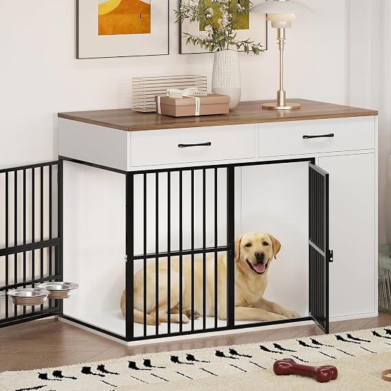 Dog Crate Furniture, 120cm Wooden Dog Cage with 2 Drawers & Side Cabinet | Large Indoor Dog Kennel Side Table with Sliding Doors & 2 Rotating Bowls for Medium/Large Dogs, Anti-Escape, White Brown