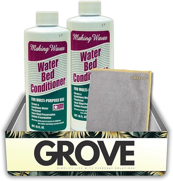 GROVE 2X Making Waves 16 oz Water Bed Conditioner Bundle with Microfiber Cloth Helps Maintain Waterbed Quality, Prevent Odors, and Protect Vinyl Liners Gift Set (3 Items)
