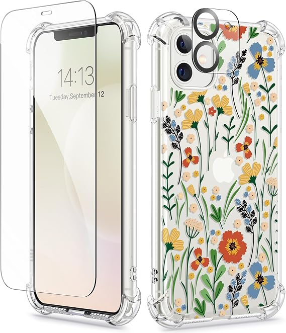 GVIEWIN for iPhone 11 Case Floral, Screen Protector & Camera Lens Protector