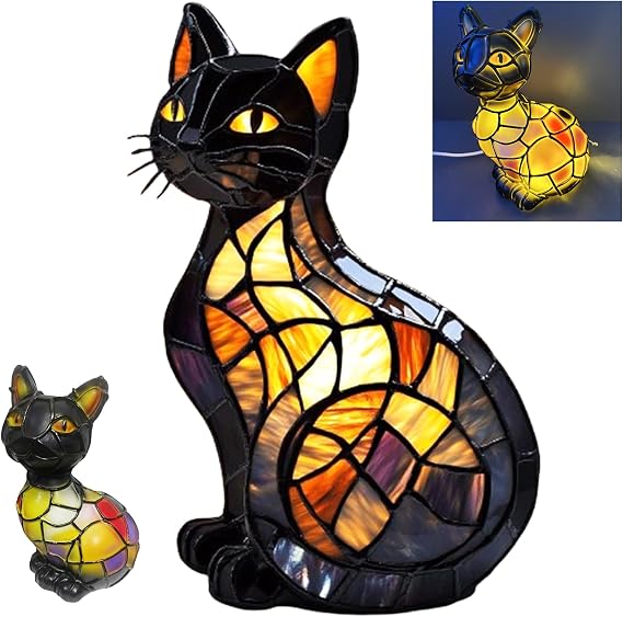 Cat Lamp,Retro Cat Stained Resin Table Lamps,Animal Table Lamps Series,3D Cute Pet LED Lights,Cats Light Stained Glass Tabletop Night Light for Kids' Room & Bedroom Decor,Ideal Gift for Cats Lovers(B)