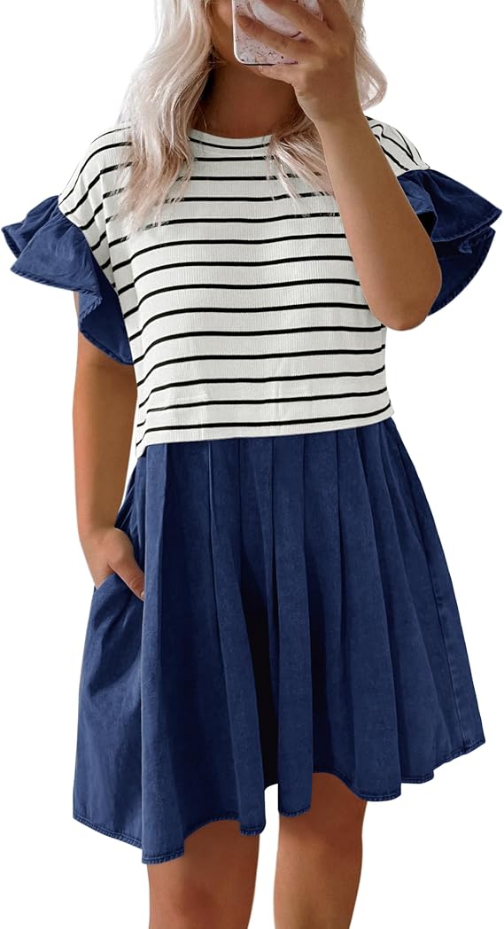 POTILI Plus Size Dresses for Curvy Women Summer Ruffle Short Sleeve Casual Denim Jean Dress 2025 Trendy