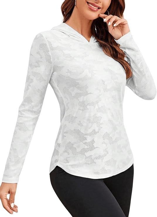 SweatyRocks Women's Long Sleeve Workout Hooded Top Mesh Camo Loose Yoga T Shirt for Sports Athletic