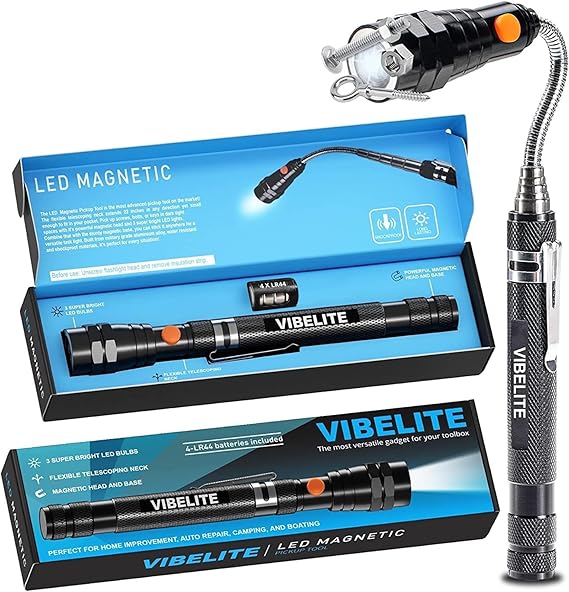 VIBELITE Extendable Magnetic Flashlight with Telescoping Magnet Pickup Tool-Fathers Day Dad Gifts for Husband, Dad, Men, Women, Him, Mechanic, Birthday Gifts for Men, Cool Gadget, Black