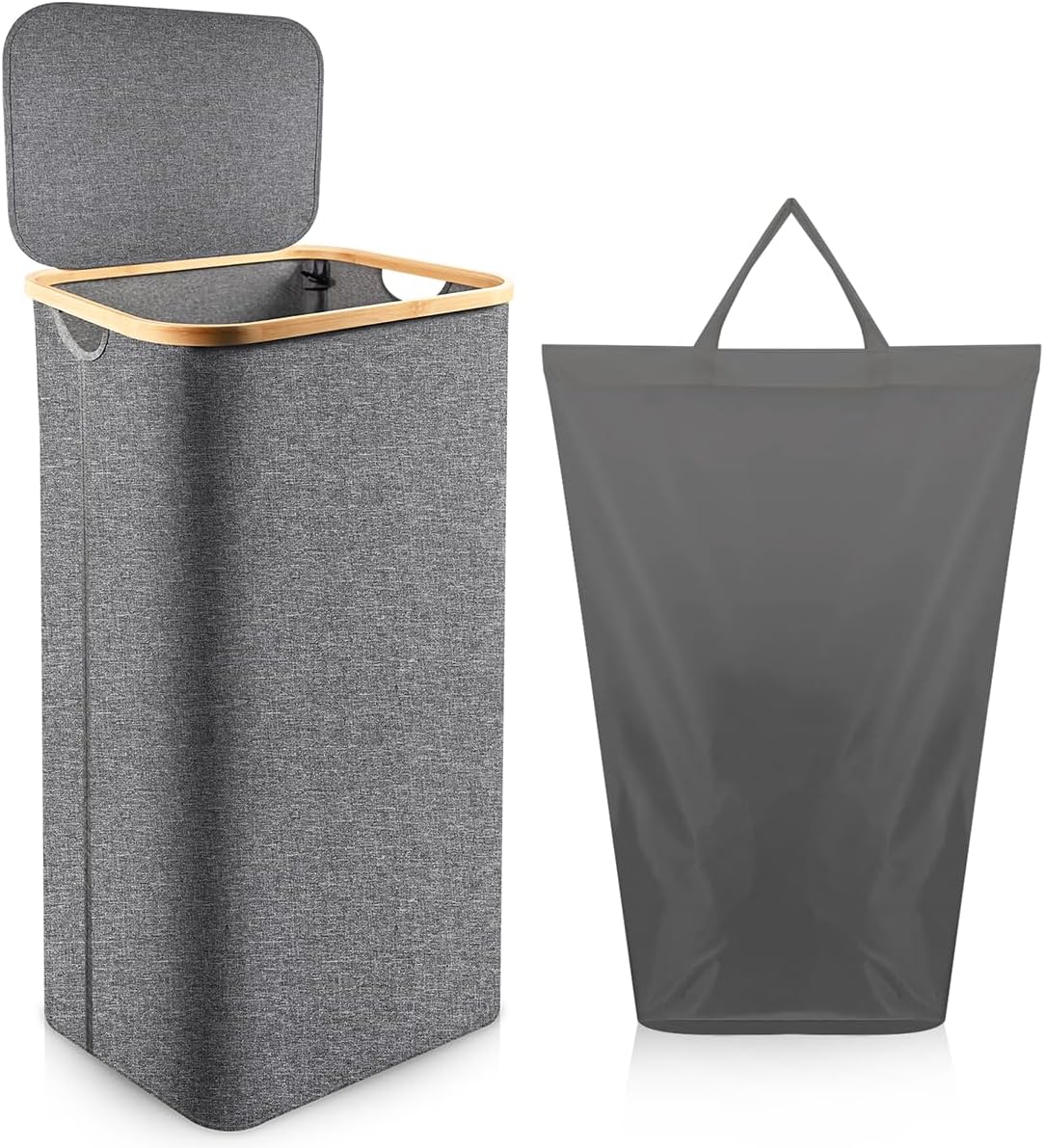 Large Laundry Basket with Lid - 100L Dirty Clothes Hampers for Laundry with Removable Laundry Bag and Bamboo Handles, Foldable Laundry Basket for Bedroom, Bathroom, Dorm, Laundry Room Grey