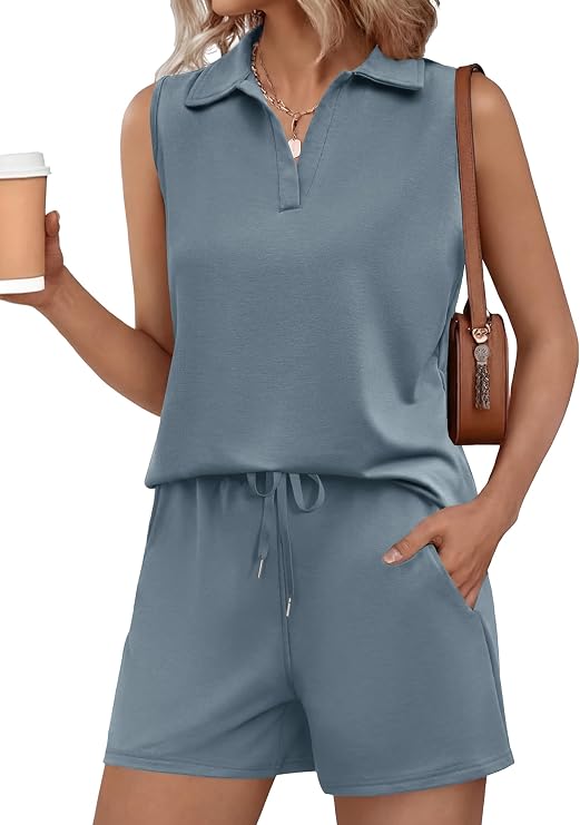 Glamaker Womens Two Piece Short Sets Summer V Neck Travel Outfits Sweatsuits Sleeveless Lounge Sets Tracksuit