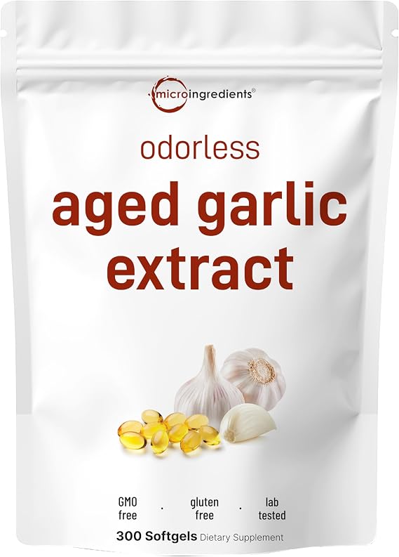 Micro Ingredients Odorless Garlic, 300 Softgels | 2 Years Aged Garlic Extract | Grown Allium Sativum Bulb | Natural Herbal Supplements | Non-GMO, Gluten Free