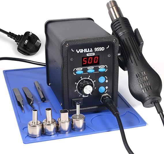 YIHUA 959D Hot Air Rework Station for SMD Soldering 3 Memory Channels with 4 Hot Air Nozzles, Soldering Work Mat, ESD Safe Tweezers(UK Plug)