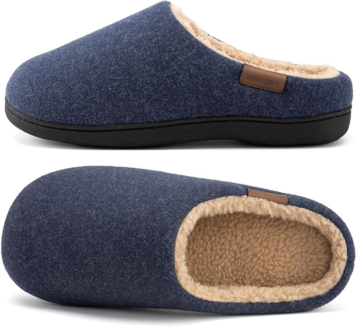 VeraCosy Men's Wool Felt Slippers with Comfy Fuzzy Faux Sherpa Slip-on Memory Foam for Indoor House
