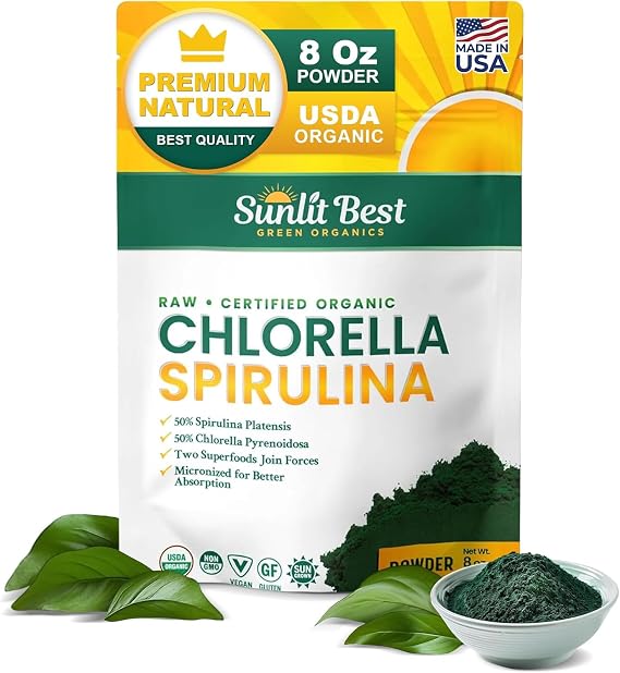 Sunlit Best Organic Chlorella Spirulina Powder Absorption, Green Algae 8 Oz | USDA Certified 50/50 Blend, Raw Vegan Protein, Chlorophyll Rich Drink Mix, Non GMO Gluten Free, Gut Liver Immune Support