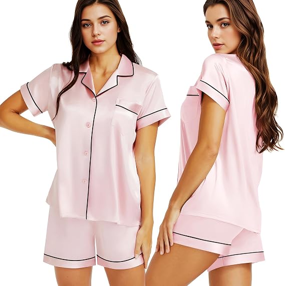 Lonxu Womens Satin Pajamas Set Short Sleeve Button Down Sleepwear Pink XS
