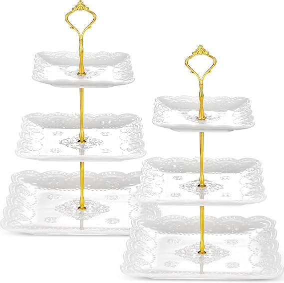 Tatuo 2 Pcs 3 Tier Porcelain Cupcake Stand, Holder Tower, Lace Square Shape