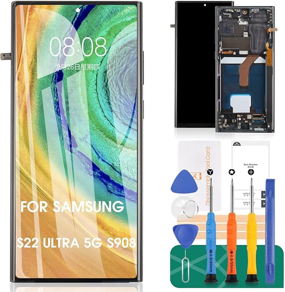 OLED for Galaxy S22 Ultra 5G Screen Replacement for Samsung Galaxy S22 Ultra 5G LCD for Samsung S22 Ultra 5G Display Digitizer Touch Screen Assembly Repair Parts with Frame SM-S908 SM-S908B Grey
