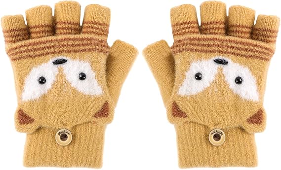 RUIXIA Kids Knitted Half Finger Gloves with Flip Top Winter Warm Cartoon Typing Gloves Convertible Mitts for Girls Boys